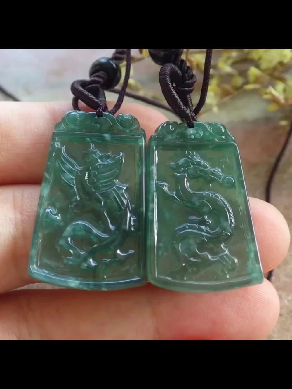 Certificate Jadeite Jade wedding wealth Green Pair Dragon Phoenix Pendant